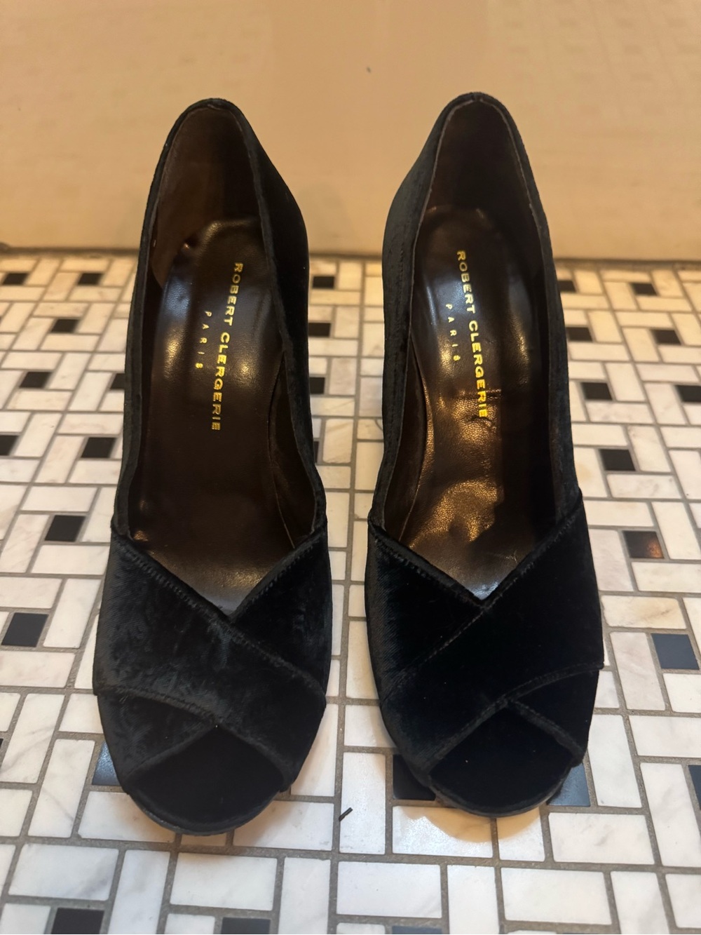 Robert Clergerie Black Velvet Crossover Peep-Toe Pumps 8.5